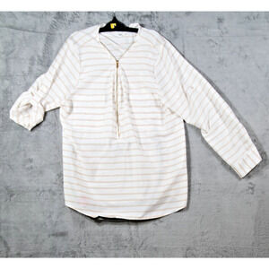Calvin Klein White Beige Striped Zip Tunic Blouse XL Gently Used